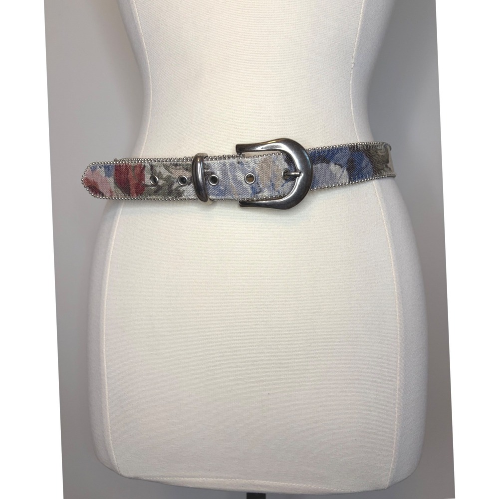 VTG Elite Fresno California Floral Tapestry Belt Silver Buckle Ball Chain Trim L